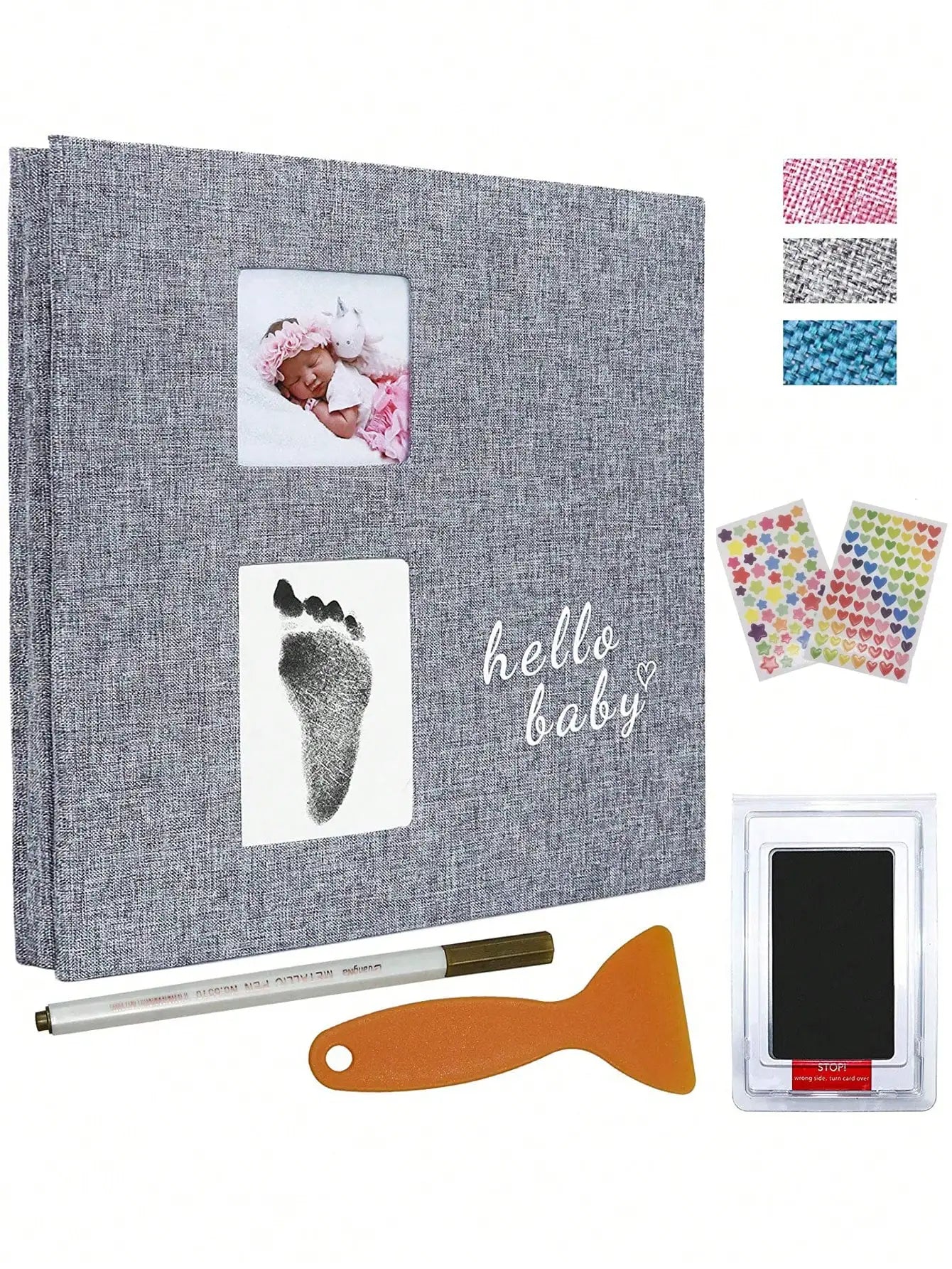 Baby photo album self-adhesive memory book 4x6 clip book set with clean hand print, and metal pen suitable for for boys girls