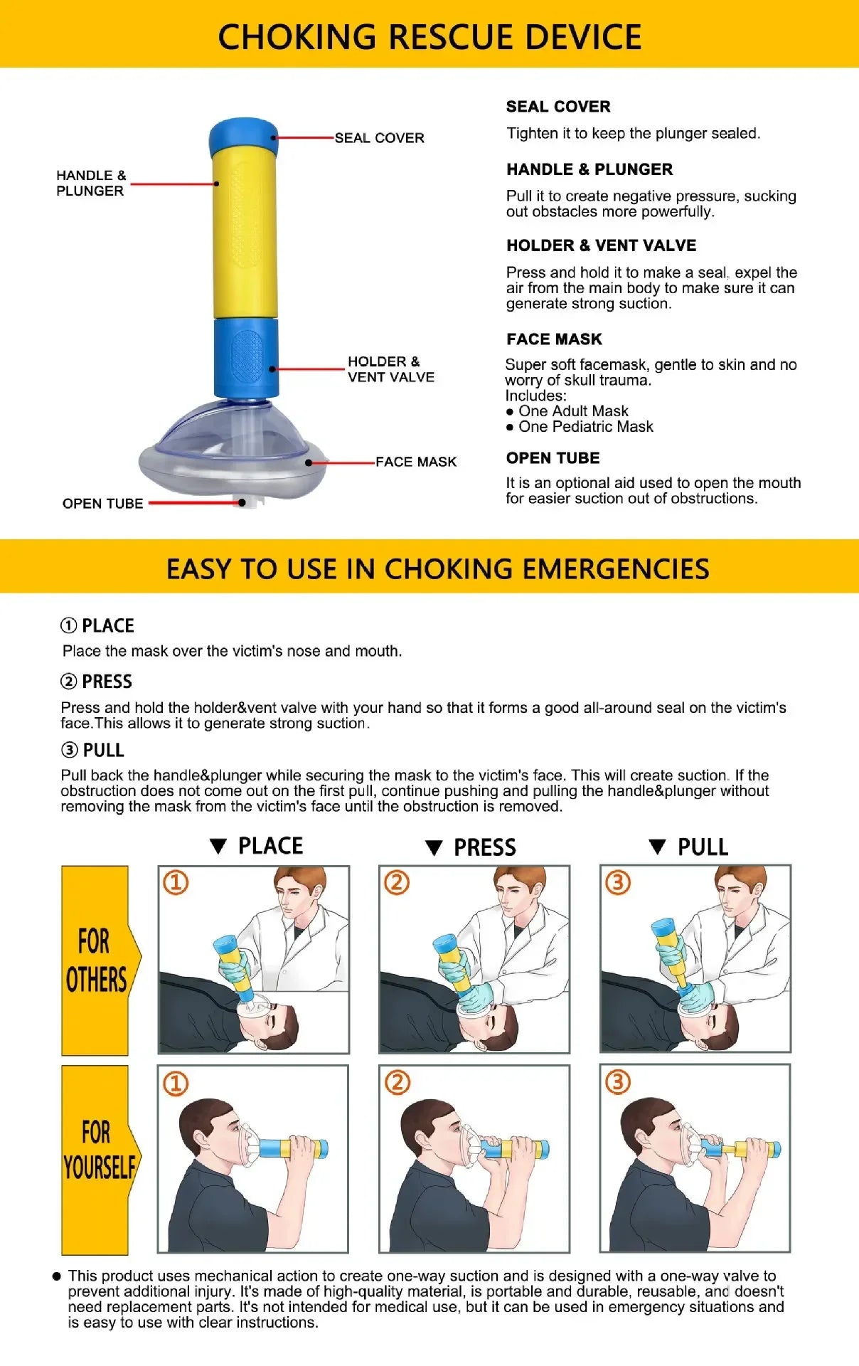 Portable Upgrade First Aid Kit for Kids Adults Choking Emergency Life Saving Suction Vac Anti Choke Device