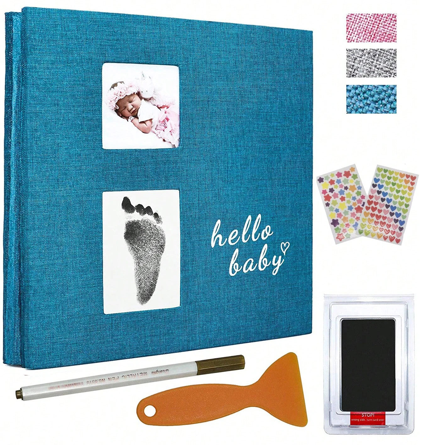 Baby photo album self-adhesive memory book 4x6 clip book set with clean hand print, and metal pen suitable for for boys girls