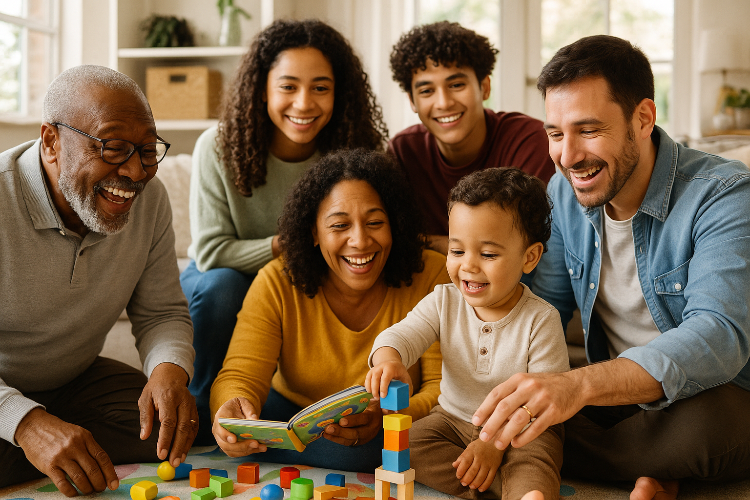 A loving family; a grandfather, mother and father enjoy time with their young children.  