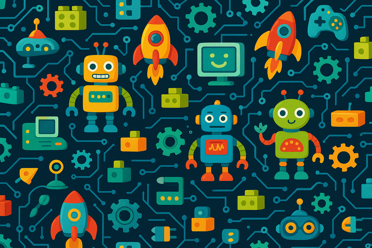 Tech-inspired background with kids toys and robots